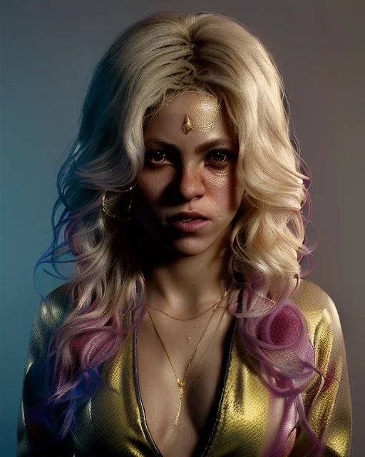 portrait, Shakira, blonde artist, angry, Realistic image, MMA robe, hoodie, mma gloves, loose long hair, eyes make up, gold line make up, moisture, sweat, fog, Neon colors, leds. Black background, photo studio, concept art, smooth, unreal engine 5, god lights, ray tracing, RTX, lumen lighting, ultra detail, volumetric lighting, 3d, finely drawn, high definition, 4k.