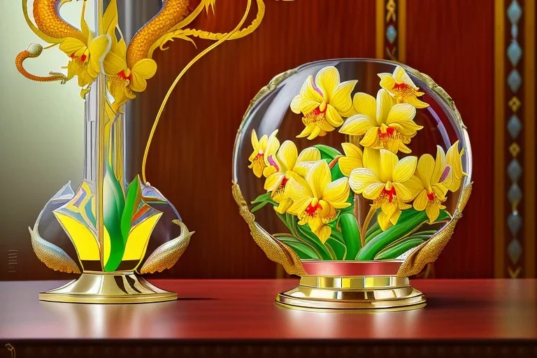 hypersigil photograph of a beautiful yellow and red orchid in a clear glass rococo inspired vase on a mirrored deco themed end table in a shadowy corner of a nouveau era room with wood paneling in the style of Robert maplethorpe, tropical birds, lizards, snakes, insects, gorgeous, shamanic, ethereal, photorealistic, embellishments, long shot, wide shot, dof, deep focus, 3d render