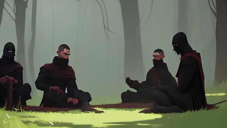 Black robed monks sitting around a fire in the forest