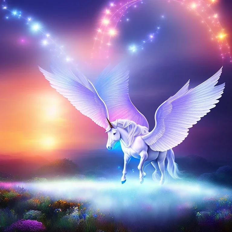  surreal illustration of a unicorn on luminous landscape, realistic, unicorn with glowing wings, glowing soft and smooth wings, shadow, highly detailed, intricate patterns on wings, soft studio lighting, smooth dark blue background 64k