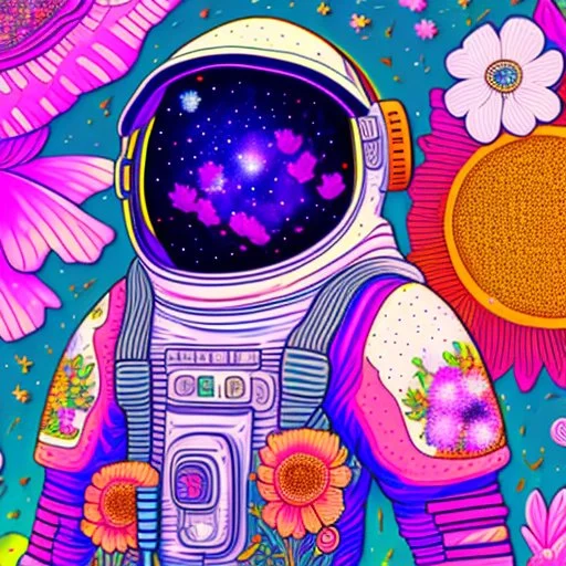 "floral astronaut" hand-drawn digital art, flowers everywhere, colorful garden, beautiful galaxy, REALISTIC, anime, 4k, high resolution, full details, 2560x1600