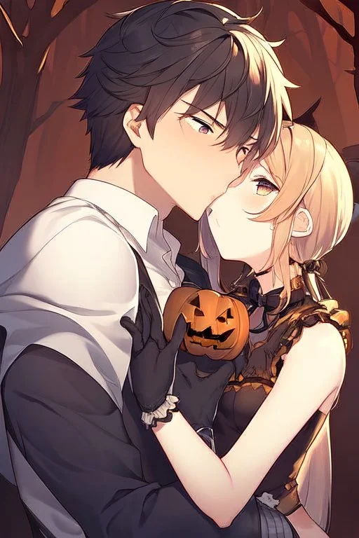 anime boy kissing a Halloween girl