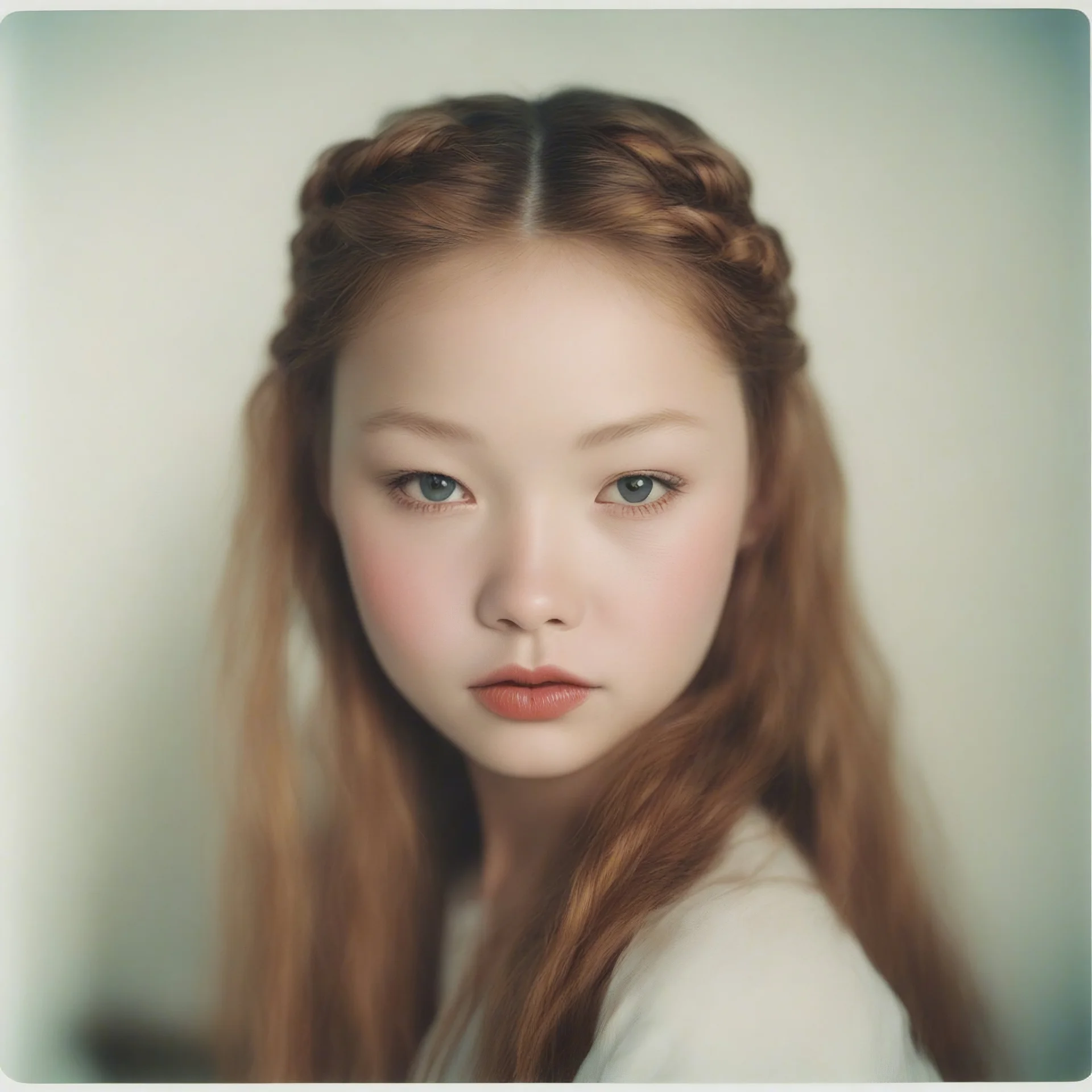 Fashion Polaroid of devon aoki with red cheeks and nose, braids. in a bedroom, 1976,