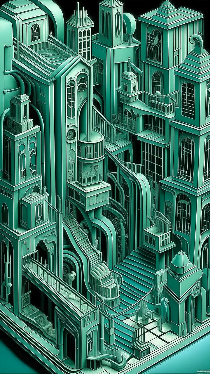 A mint color metropolis made out of instruments instruments painted by MC Escher