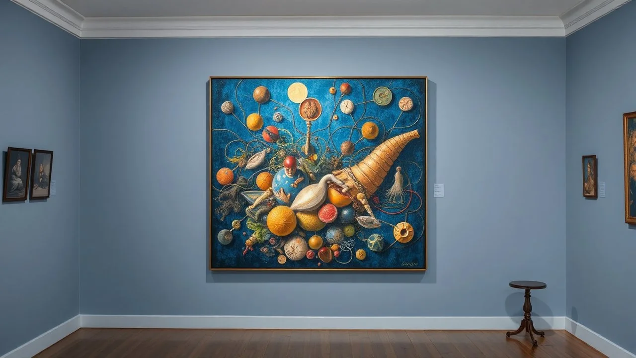 a painting displayed in a room, interconnections, cornucopia, blue atmosphere, chaotic composition, interconnected human life forms