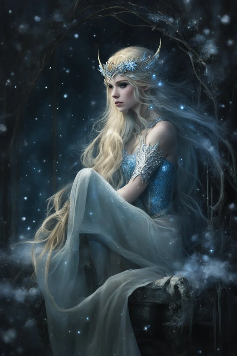 Elven princess,elven crown,long blonde golden hair,rapunzel hair,ice flowers,beautiful,light blue,dark blue,golden armor,sparkle,glitter,ice flowers,snow,elven ears,dark fairy princess