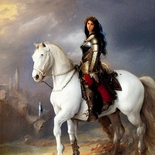 beautiful woman in armor sitting on white stallion going to war, 1800s, chiaroscuro lighting , ultra-detailed, 8k UHD, matte painting, illustration, renaissance, artwork, high-quality, intricate detail, rocco, greg rutowski, howard lyon, alphonse mucha