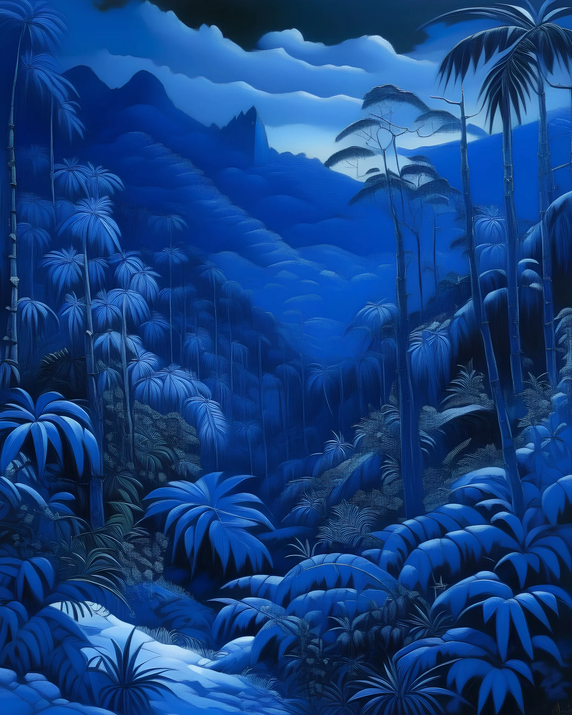 A dark cobalt blue jungle on a snowy mountain painted by Henry-Robert Brésil