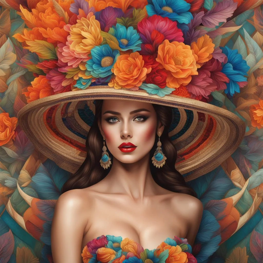 Hermosa mujer con sombrero y vestido coloridos, calidad ultra, hiperdetallado, increíble obra de arte, maximalista,12k