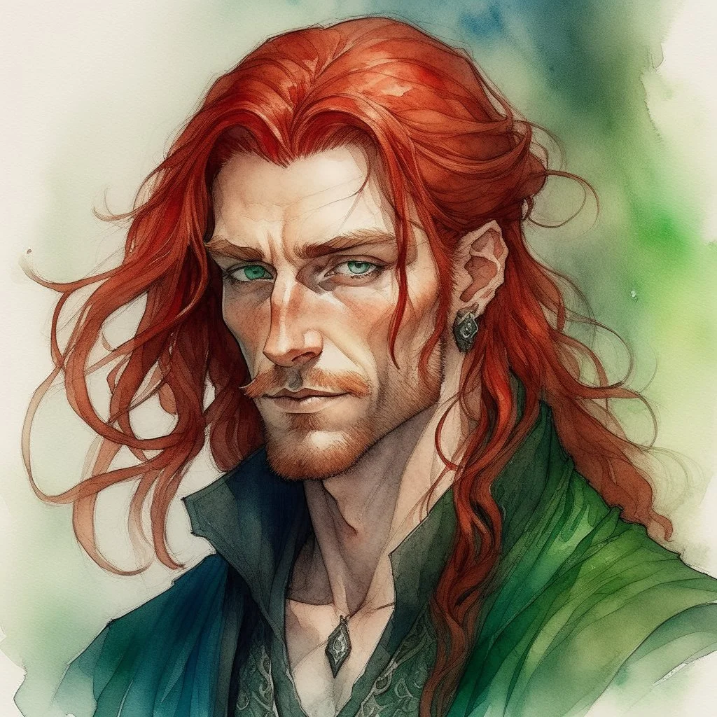 dnd, fantasy, watercolour, large strokes, stylistic, portrait, illustration, dull colours, male, face, narrow long face, weathered face, green eyes, determined, smiling, red hair, very long hair streaming down the shoulders, lush hair, radiating light, five o'clock shadow, elegant, small mouth