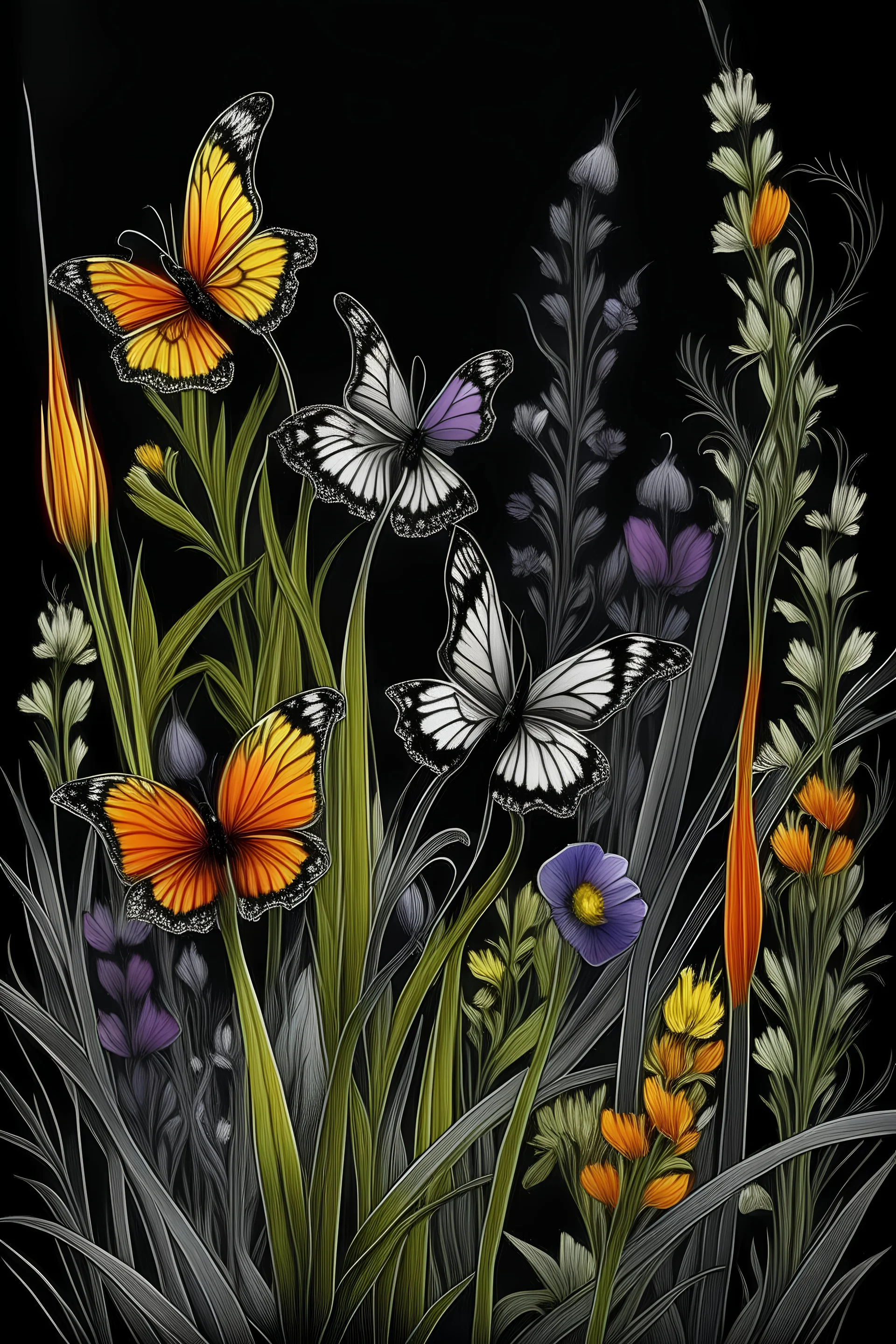 colorful, iris wildflowers and butterflies on pale black space paper, very detailed illustration, sketch, concept art, ink outlines, smooth