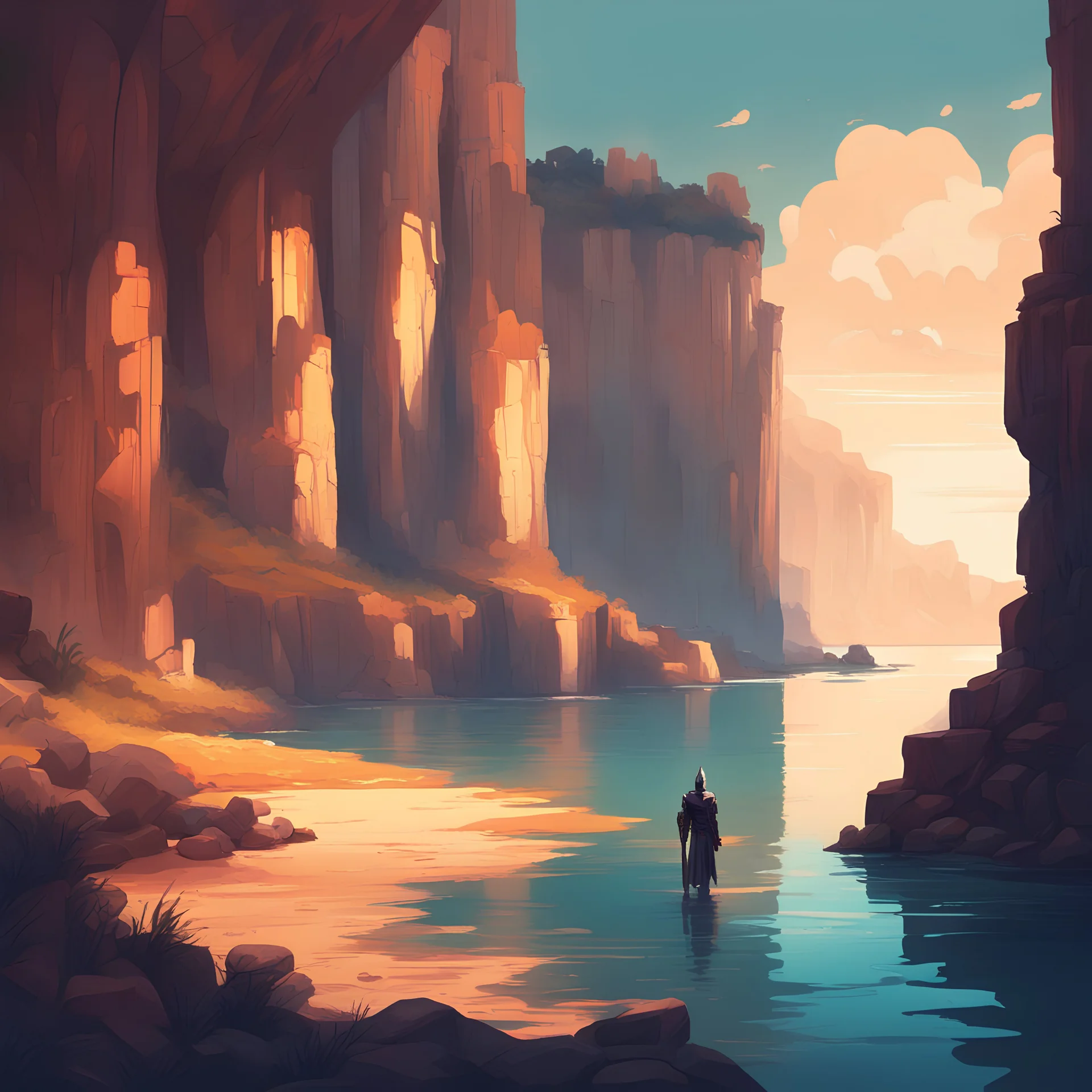 A Bay nestled among protective waters and cliffs with a mysterious knight overlooking it, in warm glow art style