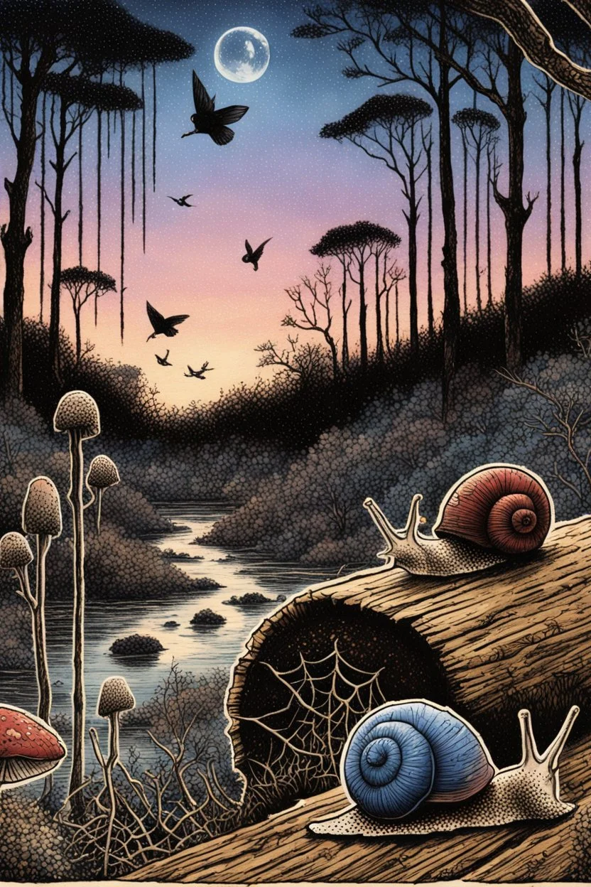 twilight scene in manga style illustration Modifiers: Albrecht Dürer junji ito Epic woodblock print rule of thirds Odilon Redon Otherworldly alcohol ink Tsutomu Nihei Mushrooms vivid color stippling void Hatching snail sharp contrast sharp edge Art by Leah Analog Horror the styles of ancient masters like Utagawa Hiroshige, Katsushika Hokusai and Togaku Old growth forest scene decaying log, moss, ferns, spiderwebs, beetles and caterpillars