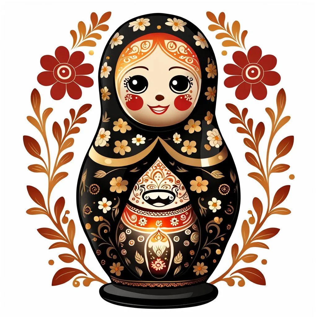 draw matryoshka dolls, the matryoshka is smiling, the kind sweet face of the matryoshka doll, behind the matryoshka Russian patterns in the style of Khokhloma, Khokhloma with gold and black flowers