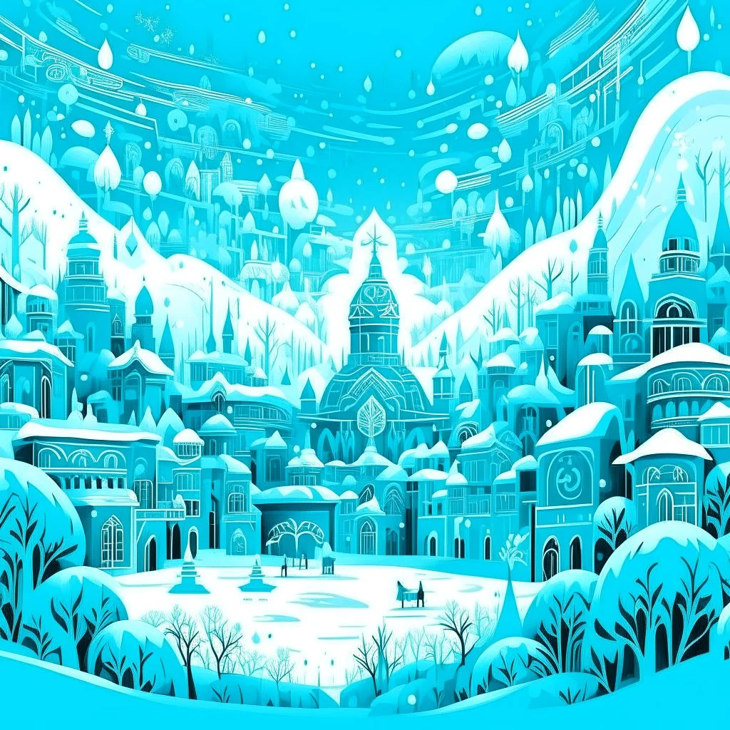 A cyan city in winter season with falling snowflakes designed in African masks
