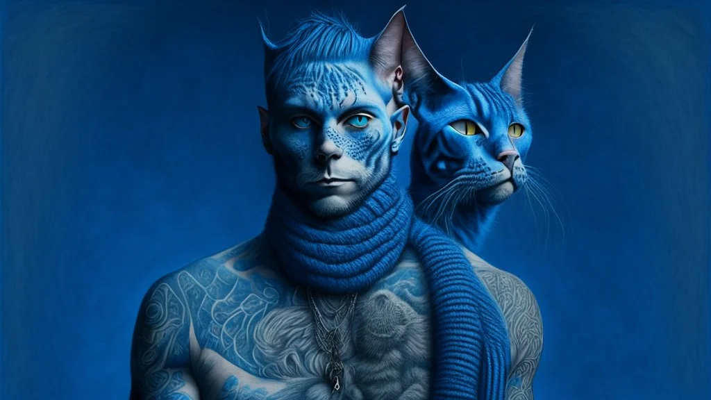 blue background, cat man, wool, fine drawing, high detail, 8K, man, tattoos, wool,