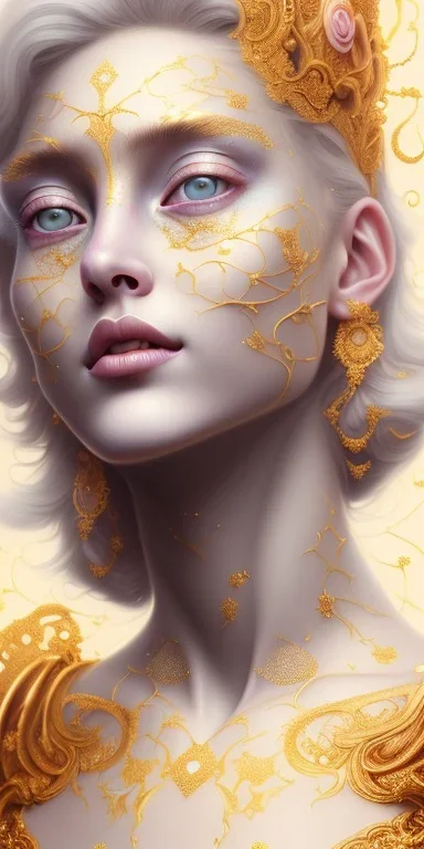 ultradetailed beautiful portrait painting of love Aphordite with short flowing golden hair and sharp piercing gaze of deep grey eyes, alluring beauty, smiley lip, wearing diamond-jewels, roses, ultra ornate, gold leaf deatils, wearing white dress, by conrad roset, greg rutkowski and artgerm, trending on artstation