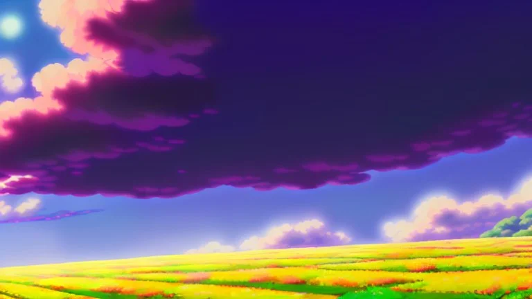 asian village with purple sky full of stars, sunflower field, anime, high res, makoto shinkai