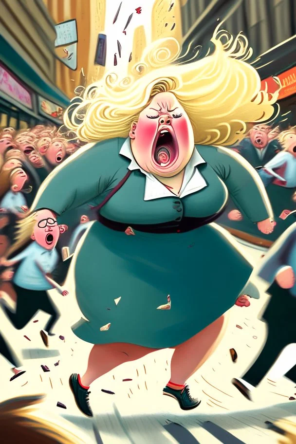 an obese terrified blonde woman crying and sobbing in a pant suit desperately running away from an angry mob of thousands of kindergarten kids chase her down a city street while holding books