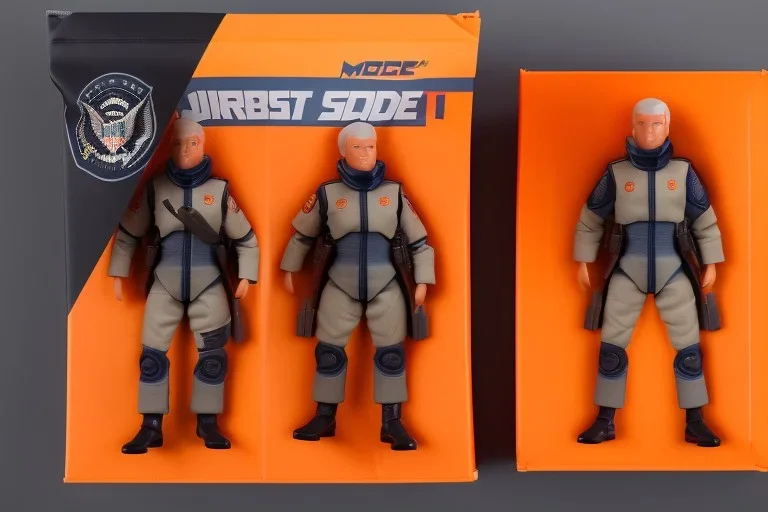 Mike pence G.i. Joe toy doll space force uniform inside a blister packaging hanging on a rack in toystore, fluorescent orange, wide angle shot whole body, black moonboots, fullsize, bright green pricetag