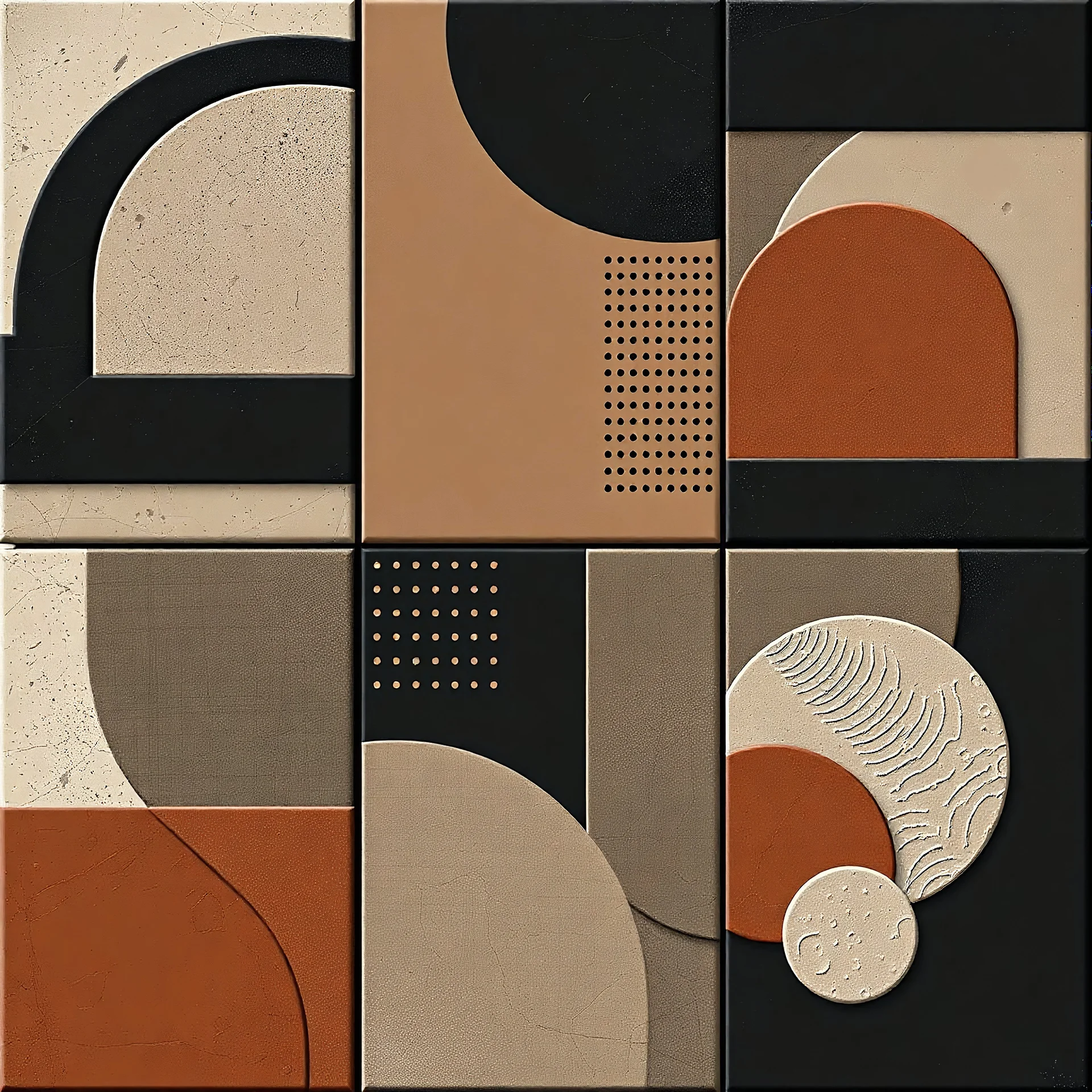 "Design a series of six 3d square tiles inspired by the provided image. Each tile should feature an abstract arrangement of geometric and textured elements, incorporating semi-circular arcs, bold and muted rectangles, and dotted circle patterns. Use a subdued color palette of earthy grays, deep blacks, and warm terracotta tones. Integrate subtle etched linework and hatching to add visual texture and depth, creating a hand-crafted, rustic aesthetic. Maintain a balanced composition across all tile