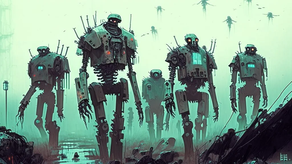 SiniArmy of the undead marching, post apocalyptic fashion, ((holographic grunge cyborg robot army)) melancholy robot mechs, RAW, gritty, high exposure, high contrast, digital & analog HUD, Spacepunk, indie horror, (((science fiction painting, Simon stålenhag, Denis Sarazhin, Alex Colville, Romain Trystram, Christopher Shy, Alejandro Burdisio, Rene Magritte, Tye Martinez, ominous sky))), alternate reality art, obscured lights, RAW, GRITTY, ambiguity, retrospective art, dusk, low light, techno got