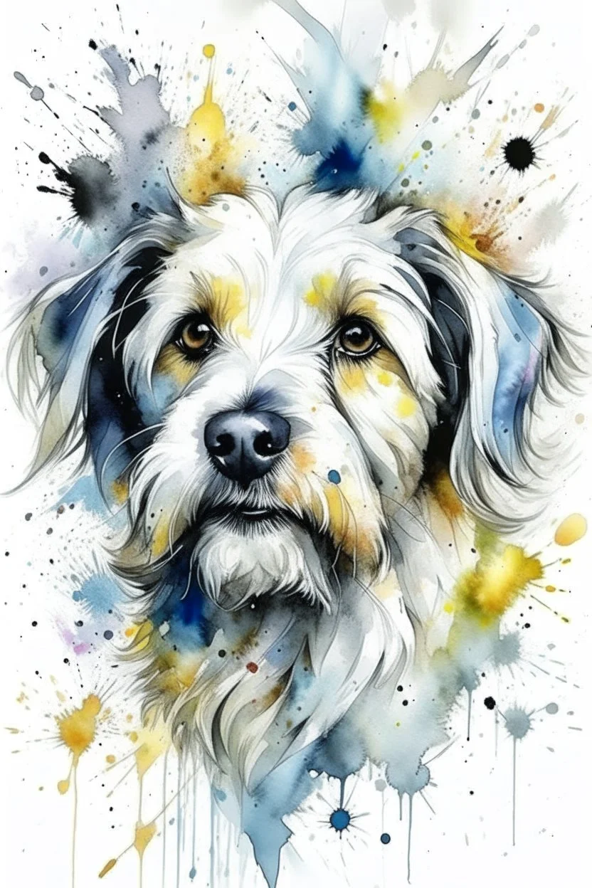 A portrait of a maltese dog by Agnes Cecile, Willem Haenraets, loose watercolour, wet on wet and splattering and dripping techniques, centred, perfect composition, abstraction, grey and cream
