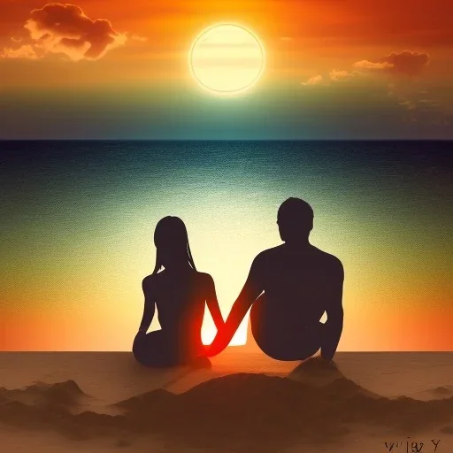 2 lovers watching the sunset sitting in the sand on a sand island