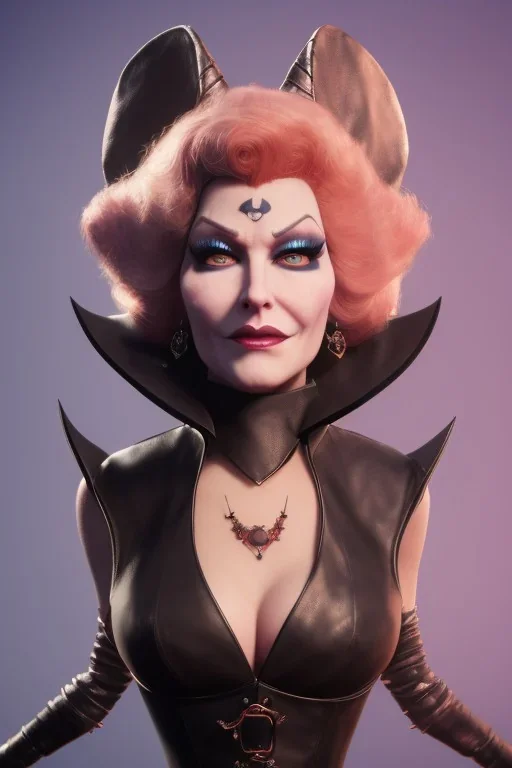 Mae West as evil queen in black leather, leather, busty, cleavage, angry, stern look. character design by cory loftis, fenghua zhong, ryohei hase, ismail inceoglu and ruan jia. unreal engine 5, artistic lighting, highly detailed, photorealistic, fantasy