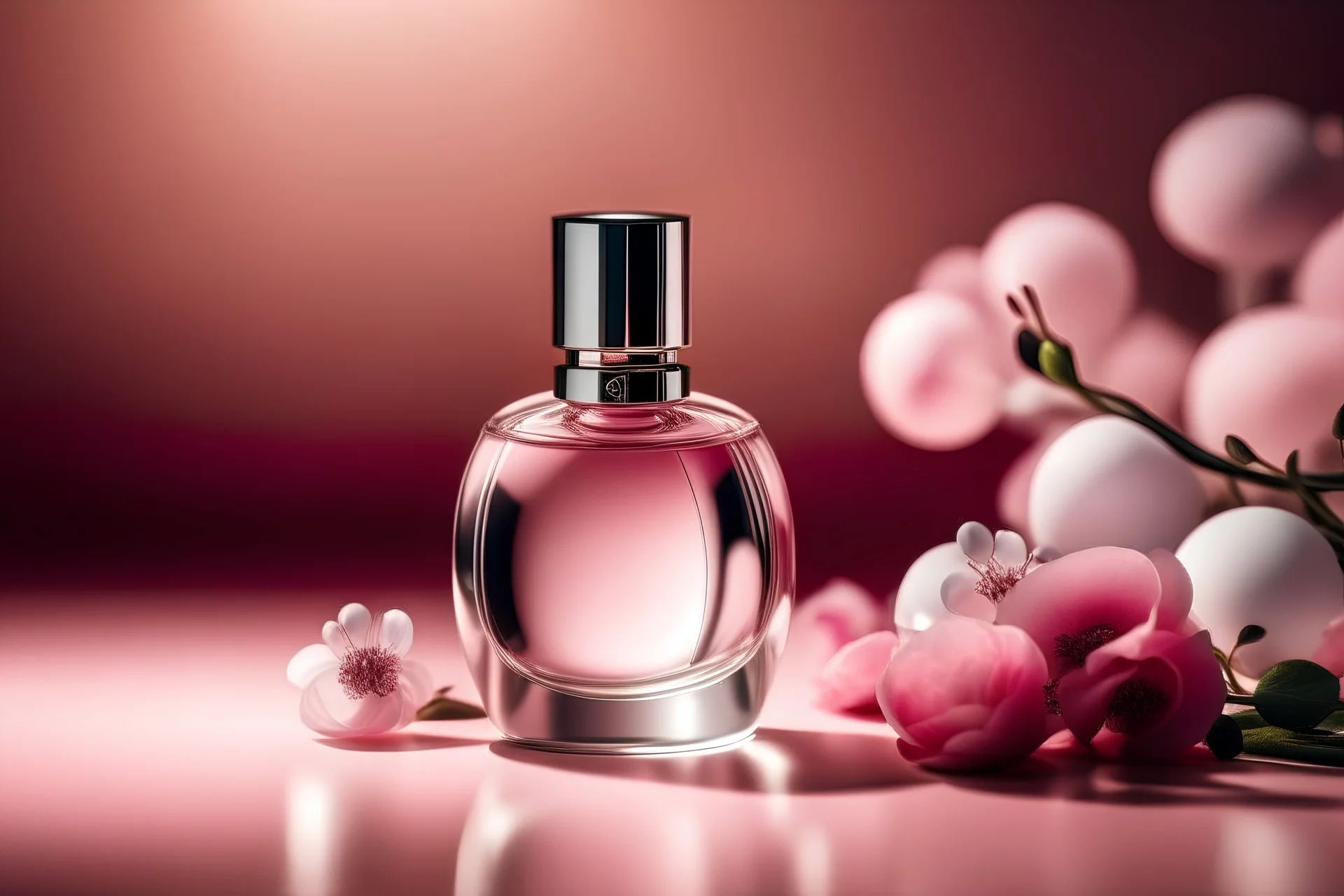 top shot of a perfume bottle on a pink table with flowers, gray spheres in the background, product photography in style of Kodak Portra — style raw — q 2 — s 250 — v 5.2 — ar 9:16