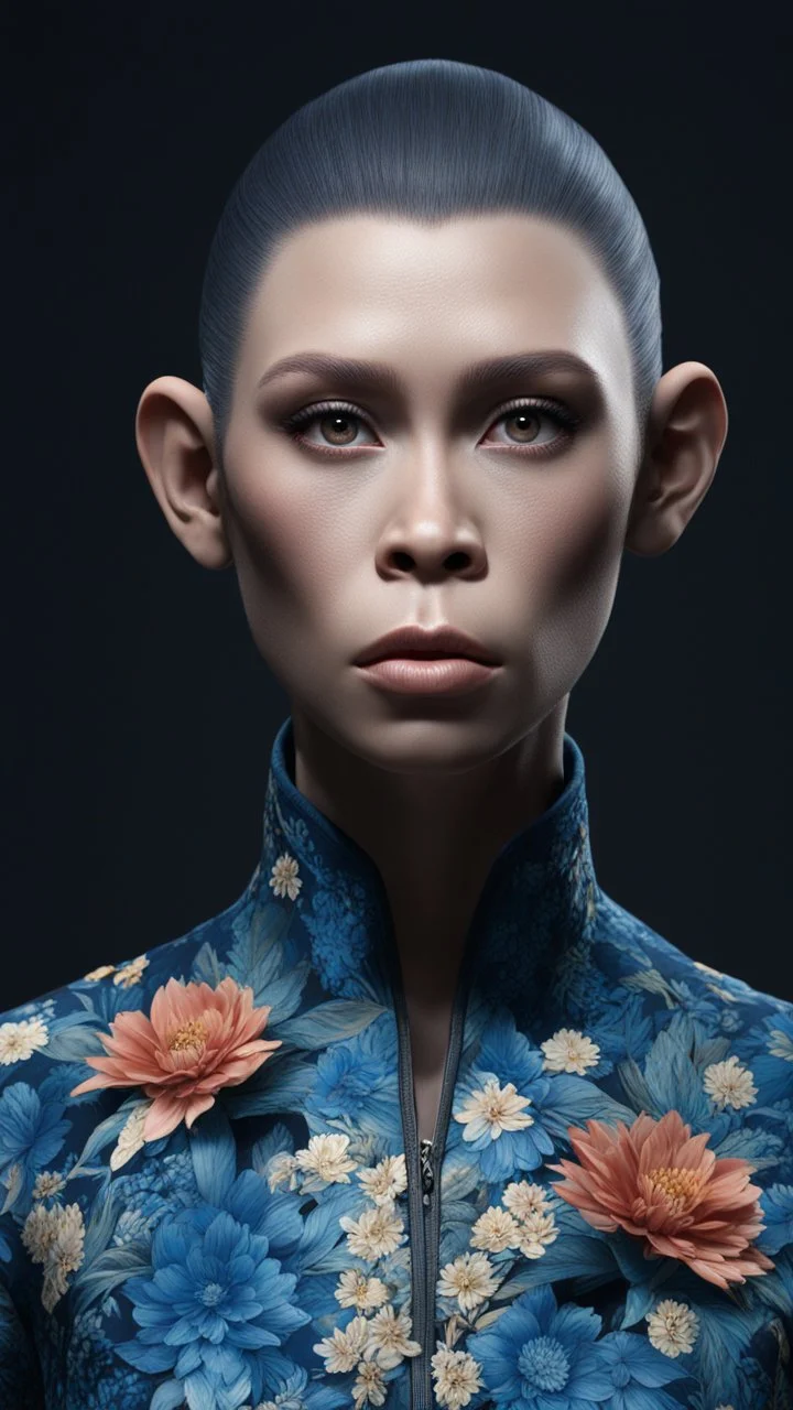 mugshot, Planet of the Apes, blue, large, floral designs, atmospheric, beautiful, China Doll, , dark background, mid shot, full body, neutral expression, buzzcut hair, ultra realistic, highres, superb, 8k wallpaper, extremely detailed, intricate, limited palette,