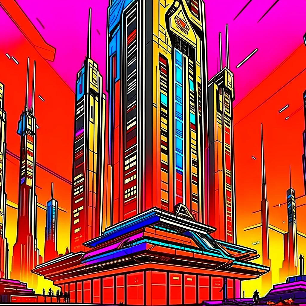 cyberpunk retro futuristic for comics skyscraper from far away in orange