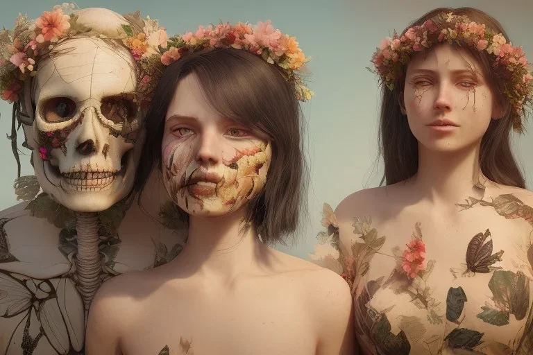 portrait of a couple, girl 1 dressed as life (flowers, butterflies, leaves), girl 2 dressed as death (skeletons, wilted flowers, upside down bird), resting heads against each other, beautiful, ethereal, 8k resolution, dynamic lighting