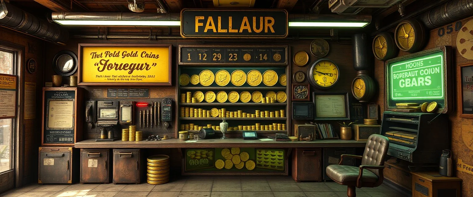 ratty gold coin beurau in the style of Fallout 4 and Cyberpunk and GTA5