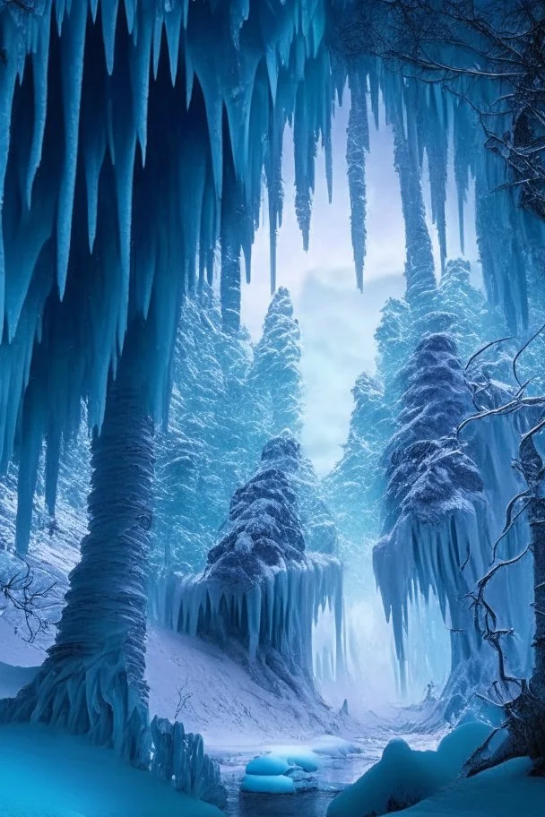 A frozen forest landscape with a giant caveroof over it