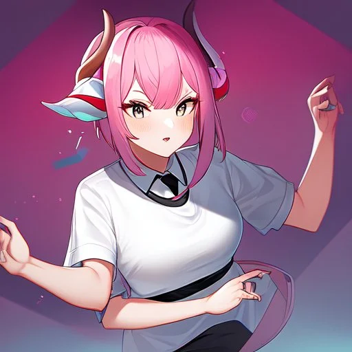 ROBLOX woman character pink hair with horns with white t-shirt and black tie