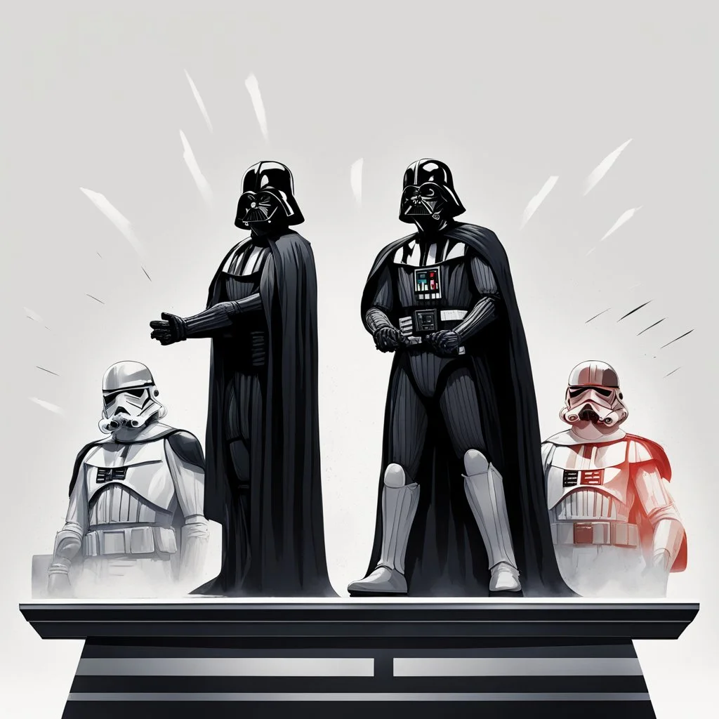 Create a captivating illustration that showcases Darth Vader, adorned in his iconic black cape, standing triumphantly on the highest olympic podium as the undisputed champion. Flanking him on two lower podiums are two white-clad Stormtroopers, looking sullen. Set this scene against a white background.