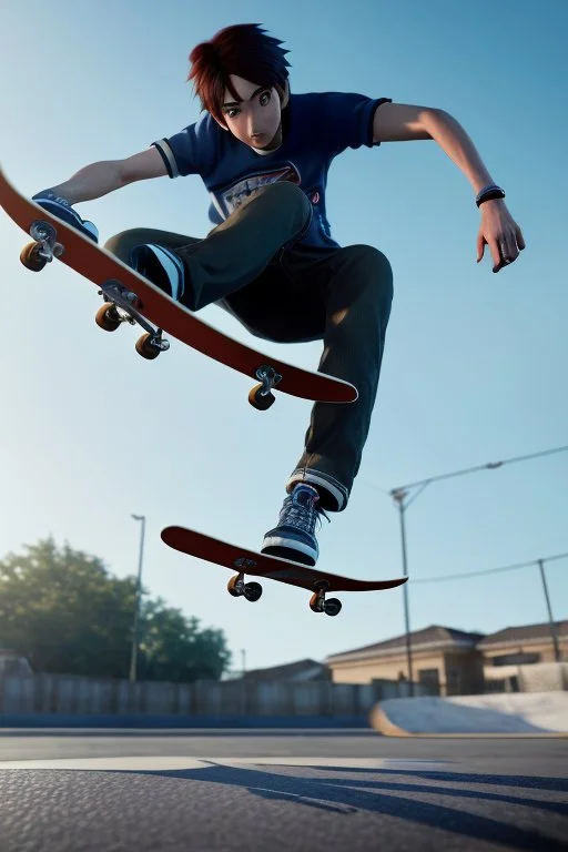 8k quality realistic image of an attractive anime boy doing a skateboard trick, action, up close