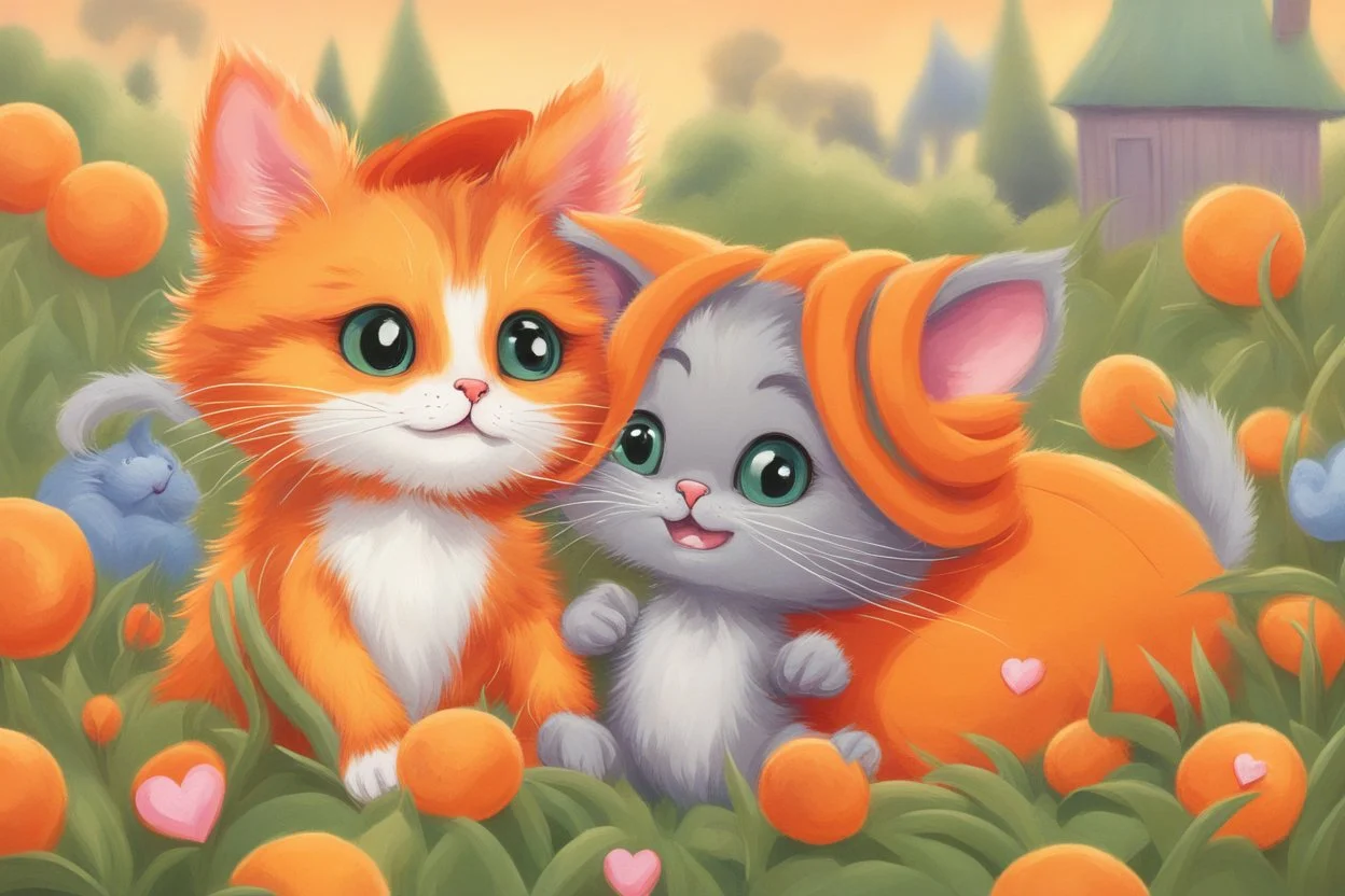 a fluffy orange kitten makes friends with a cute gray mouse on Valentine's day, happy vibe studio lighting fantastic view colourful very cute Lisa Frank richard scarry