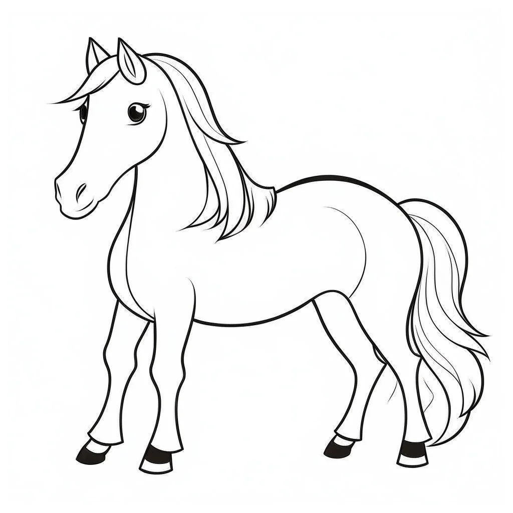 black and white drawing of cute horse outlined art bold, coloring book page for kids, simple classic cartoon style, 2D v4 q2