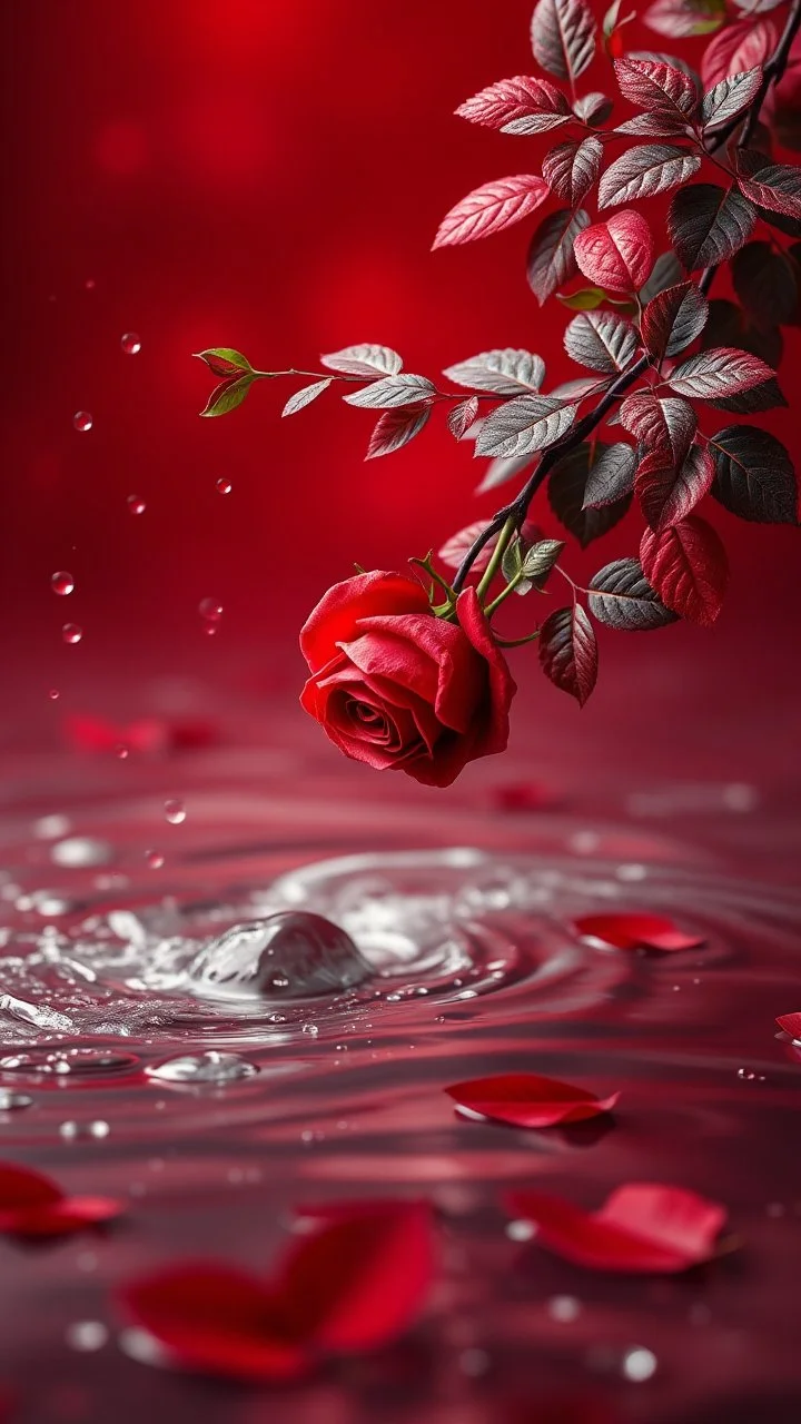 The image is a digital artwork that depicts a branch of tree of Red roses and red leaves tangling in to a water in the river with aThe rose floats on the surface of the water, creating a wave-like effect. The background is red , which makes a branch of a tree of red roses stand out even more. Water droplets are scattered adding to the dreamy, ethereal quality of the image.all leaves and background are red