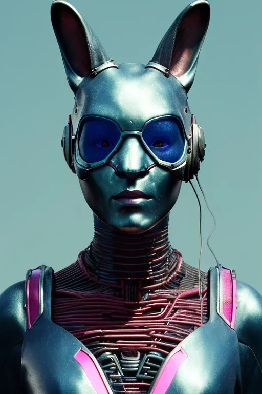 Medium Close Up Portrait, Front image. cyberpunk, rabbit mask, Irish woman, pink short hair. latex, titanium suit. Blue, white, silver, color. Mad max style. Color background, photo studio. Avatar image, highly detailed, concept art, smooth, unreal engine 5, god rays, ray tracing, RTX, lumen lighting, ultra detail, volumetric lighting, 3d, finely drawn, high definition, high resolution.