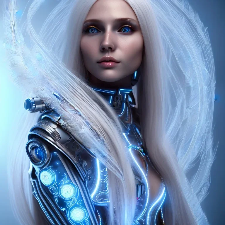 A beautiful portrait of a cute smiling cyberpunk woman, long blond platinum hair, high key lighting, volumetric light high details with blue and white stripes and feathers and white celtic paterns, beam starry background