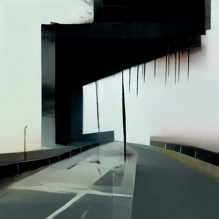 A desolate concrete road with steps to a bridge. In the style of Justin Mortimer and Phil Hale. Minimalist contemporary painting with rough brushstrokes.