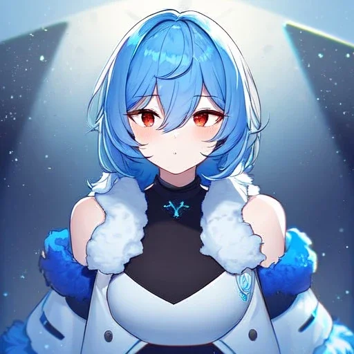 Clear focus, High resolution, rough line art, cute, cartoon, medium blue hair, hair between eyes, fluffy hair, red eyes, wearing a black sleeveless crop top, wearing a white jacket thats of her shoulders, wearing a blue skirt, cutsleeves blue strap and white color, intricately detailed outfit