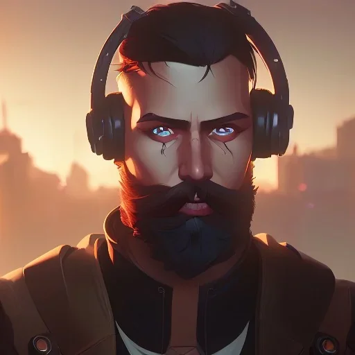 Short Beard Dj Headphones Christian Boshell cinematic photorealistic futuristic style, hints of overwatch and michelangelo, beautiful robot, post-apocalyptic in a cyberpunk city, realistic, intricate detail, sci-fi fantasy style, volumetric lighting, particles ,highly detailed