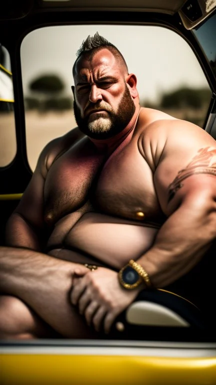 full body shot photography of an Italian sicilian taxi driver burly ugly sitting in the taxi, chubby tired 45 years old driving shirtless, bullneck, thin gold chains, short beard, sweat, short hair, bulge, robust, manly chest, looking down, big shoulders,, photorealistic, side light, ambient occlusion, tired eyes. 35mm lens, internal view inside the Taxi