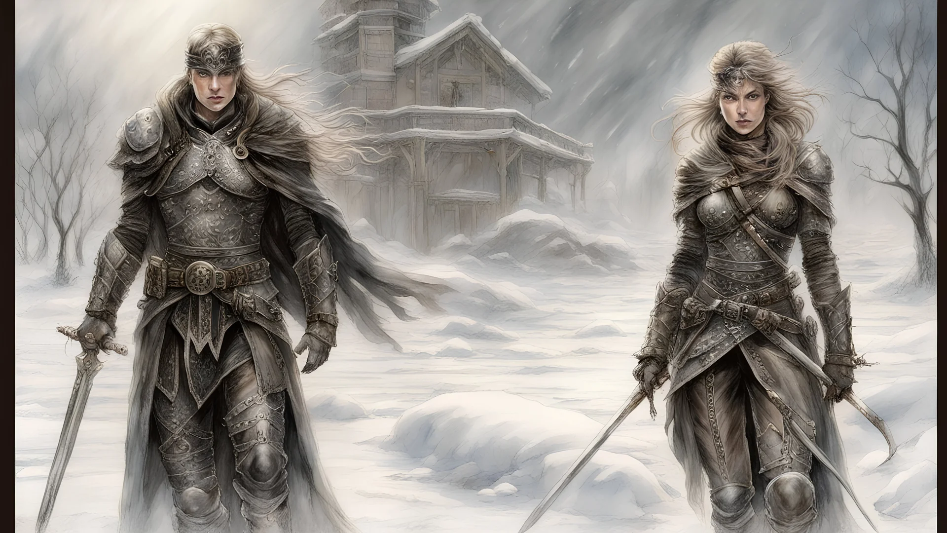 Hyper-photorealistic watercolor art style by Luis Royo , a warrior woman in black armor on the background of a cold snow-covered country, ice and crystal, frost and snow, hyperdetailed face, full body diagonal shot, encounters male bandits in dark fantasy countryside setting, absence of mysterious elements, dramatic lighting, ultrafine detail, octane rendering., by