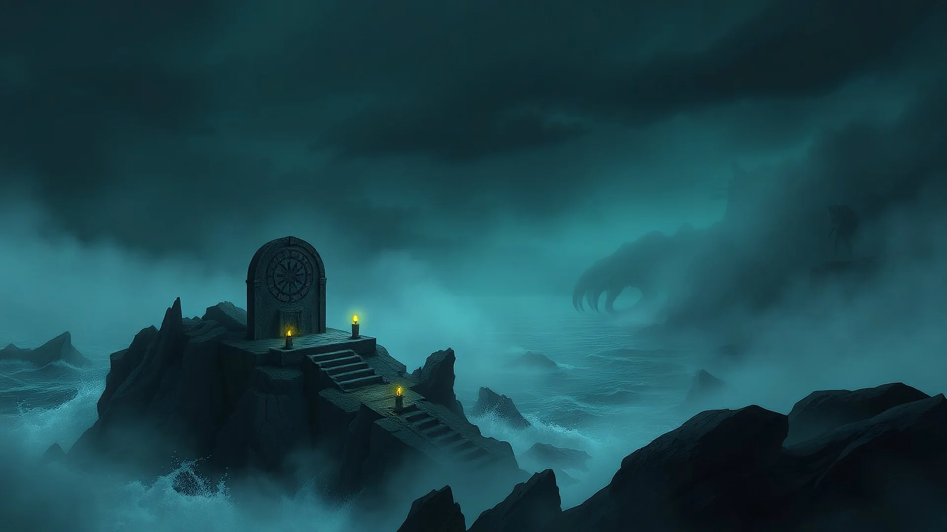 Design a concept art of a coastal cliff shrouded in thick fog, with jagged rocks jutting out into turbulent waters. An old stone altar sits at the cliff's edge, covered in strange symbols and surrounded by eerie, glowing orbs. In the distance, shadows of colossal creatures rise from the depths, their forms suggested by the swirling mist. The sky is a foreboding blend of dark blues and greens, enhancing the sense of mystery and dread, interesting comoisition