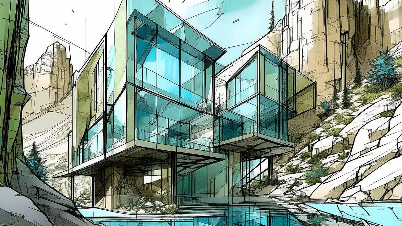 Modern house embedded in an urban mountain, fragmented architecture emerging like broken geological layers, interiors visible through structural cuts, constant rain creating distorted reflections, conceptual architectural illustration style like organic sci-fi Steven Holl.